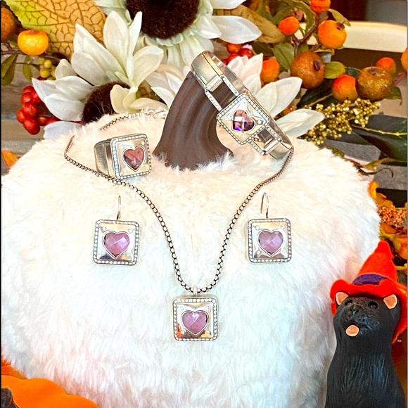 Brighton OPEN HEARTED Pink Crystal Heart Necklace Bracelet Earrings & Ring set - Picture 16 of 16
